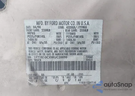 1998 Ford Ranger Splash/Xl/Xlt из США, поврежденный, VIN 1FTYR10CXWUC28890